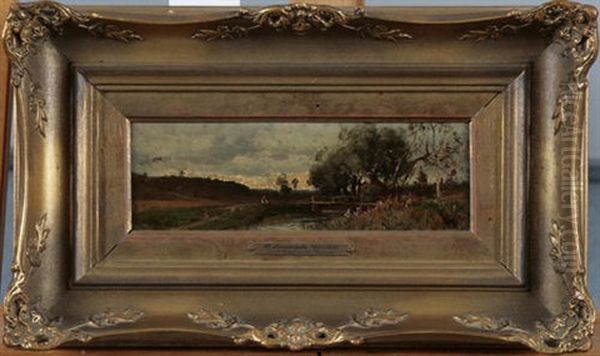 Sommerlandschaft Mit Holzbrucke Uber Einen Kleinen Flus Oil Painting by Magnus Hjalmar Munsterhjelm