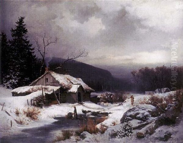 Bykskoljning Pa Frusen A Oil Painting by Magnus Hjalmar Munsterhjelm