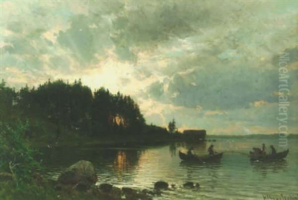 Iltakalastusta Oil Painting by Magnus Hjalmar Munsterhjelm