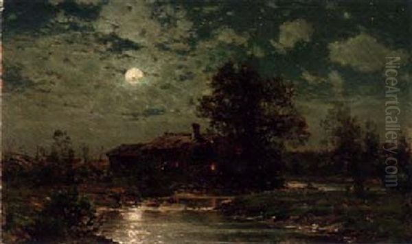 A Cottage By A Stream In Moonlight Oil Painting by Magnus Hjalmar Munsterhjelm