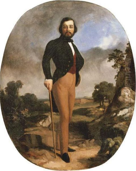 A Full-length Portrait Of A Gentleman In A Green Jacket And Bowtie, Standing In A Landscape Oil Painting by Leon Joseph Billotte