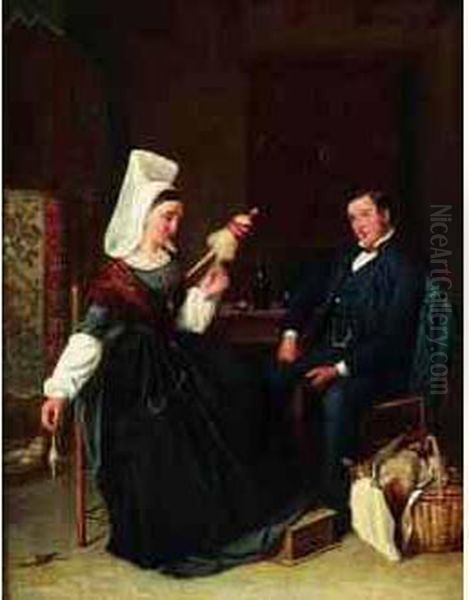 < La Visite A La Fiancee (vendee) >. Oil Painting by Leon Joseph Billotte