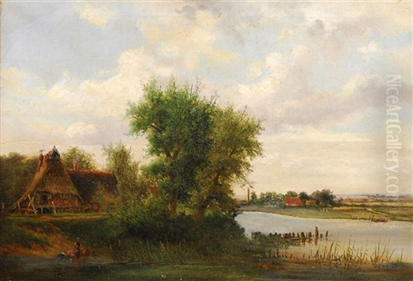 Norddeutsche Fluslandschaft Mit Gehoft Oil Painting by David Heinrich Munter