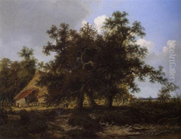 Eichenpartie Mit Bauernhaus Bei Bremen Oil Painting by David Heinrich Munter