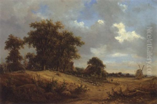 Partie Bei Bremen Mit Windmuhle Und Schafer Oil Painting by David Heinrich Munter