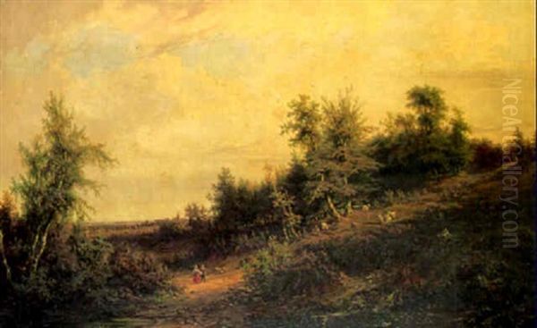 Wooded Landscape With Figures On A Path Oil Painting by David Heinrich Munter