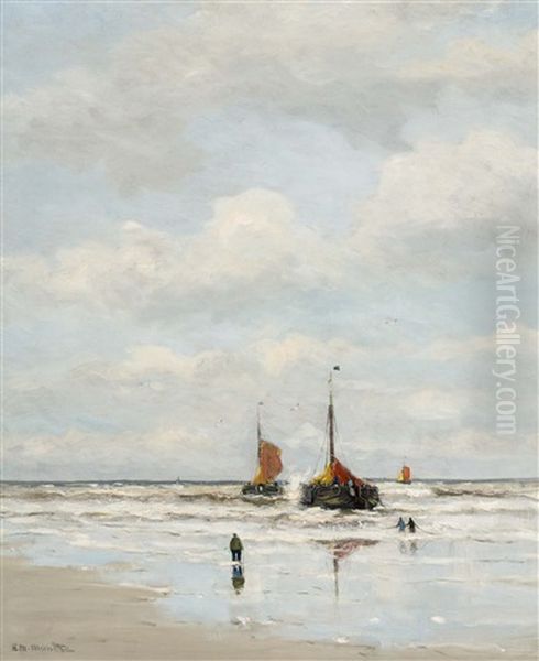 Bomschuiten' In The Surf Oil Painting by Gerhard Arij Ludwig Morgenstjerne Munthe