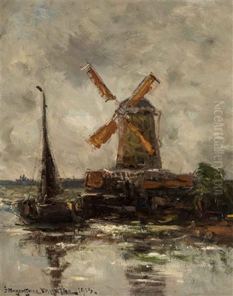 Botter Near A Mill Oil Painting by Gerhard Arij Ludwig Morgenstjerne Munthe