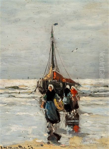 Fishers' Wives Near A 'bomschuit' In The Surf Oil Painting by Gerhard Arij Ludwig Morgenstjerne Munthe