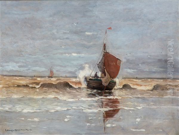 A Bomschuit In Katwijk Setting Out To Sea Oil Painting by Gerhard Arij Ludwig Morgenstjerne Munthe