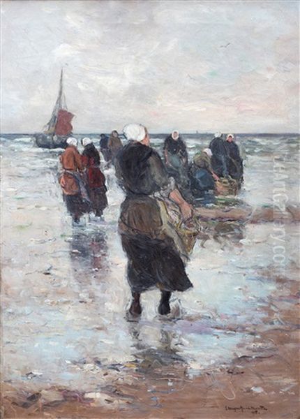 Fisherfolk On The Beach Awaiting The Day's Catch Oil Painting by Gerhard Arij Ludwig Morgenstjerne Munthe