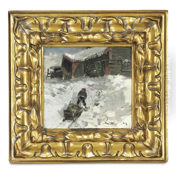 Boy With A Sledge At A Cabin In The Mountain Pastures Oil Painting by Gerhard Arij Ludwig Morgenstjerne Munthe