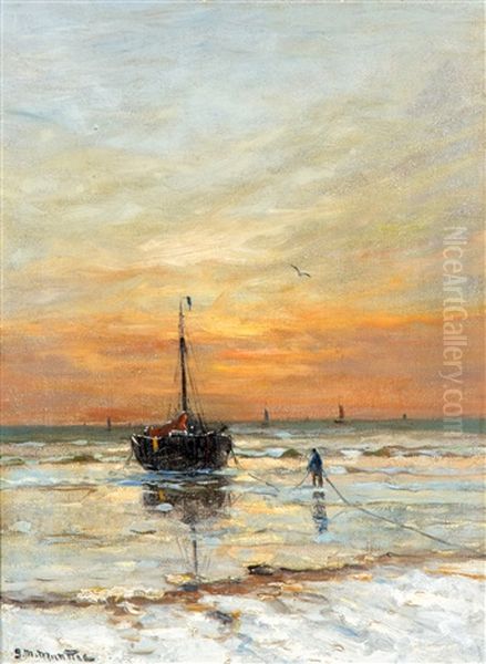 Vissersboot Op Winters Strand Bij Avondrood Oil Painting by Gerhard Arij Ludwig Morgenstjerne Munthe