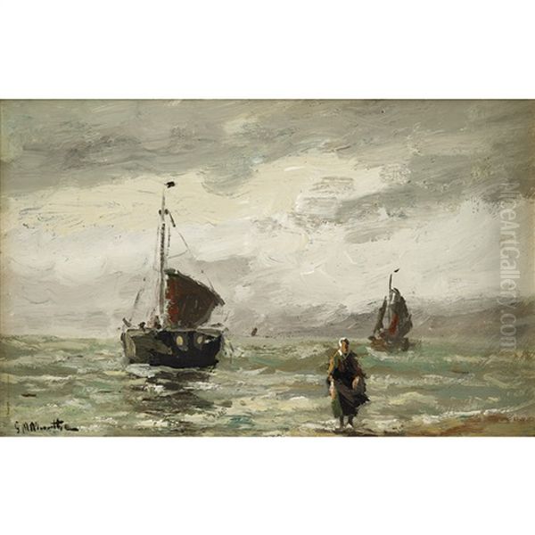 Boats And Fisher Woman Along The Coast Oil Painting by Gerhard Arij Ludwig Morgenstjerne Munthe