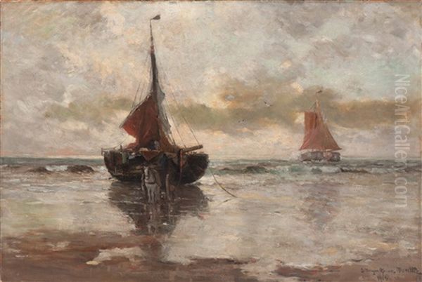 The Unloading Of The Bomschuit At Low Tide Oil Painting by Gerhard Arij Ludwig Morgenstjerne Munthe