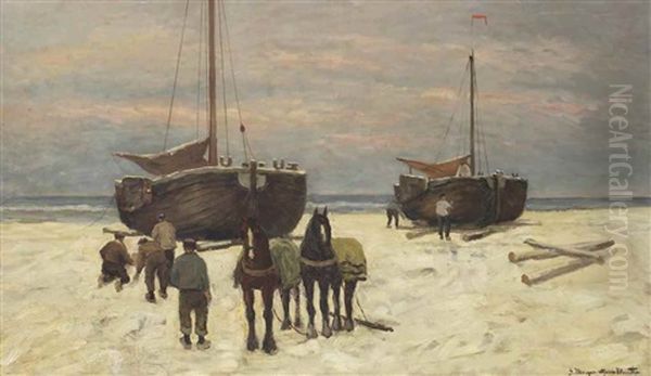 Bomschuiten And Horses On The Beach Oil Painting by Gerhard Arij Ludwig Morgenstjerne Munthe