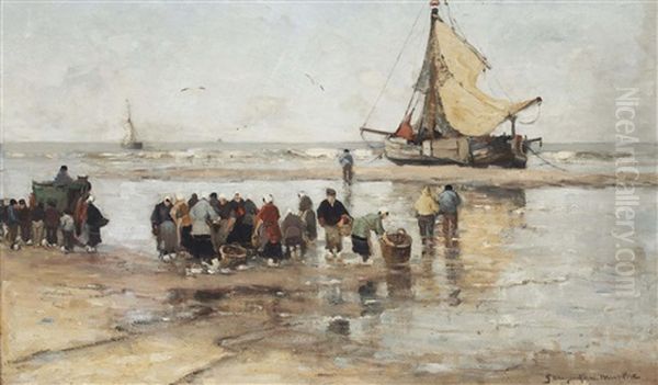 Fishermen On The Beach Oil Painting by Gerhard Arij Ludwig Morgenstjerne Munthe