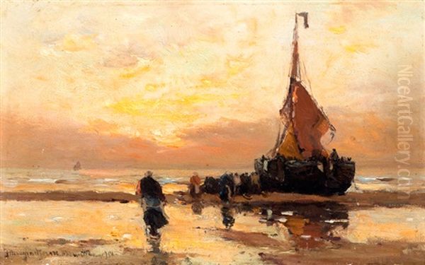 Bomschuit Op Strand Bij Zonsondergang Oil Painting by Gerhard Arij Ludwig Morgenstjerne Munthe