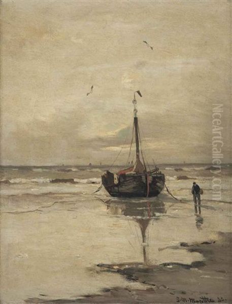 A Bomschuit At Low Tide Oil Painting by Gerhard Arij Ludwig Morgenstjerne Munthe