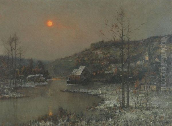 Snow Covered Village On The River, Evening Oil Painting by Rene Billotte