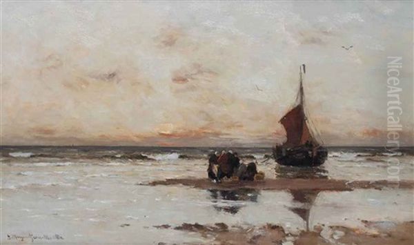 Fisherwomen By A Beached Bomschuit Oil Painting by Gerhard Arij Ludwig Morgenstjerne Munthe