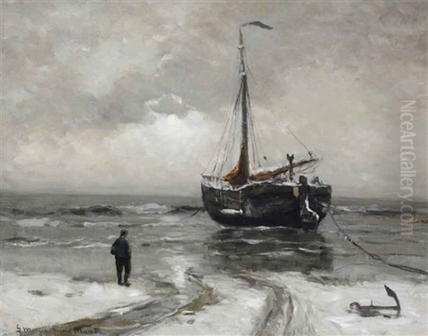 A Bomschuit Anchored In Winter Oil Painting by Gerhard Arij Ludwig Morgenstjerne Munthe