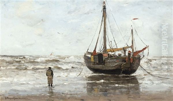 Bateau De Pecheurs Sur La Plage Oil Painting by Gerhard Arij Ludwig Morgenstjerne Munthe