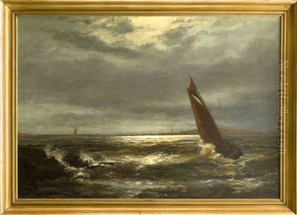 Seestuck Bei Mondlicht Mit Seglern Und Der Kuste Mit Leuchtturm Im Hintergrund Oil Painting by Gerhard Arij Ludwig Morgenstjerne Munthe