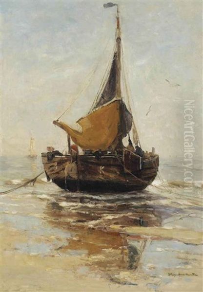 A Bomschuit On The Beach Oil Painting by Gerhard Arij Ludwig Morgenstjerne Munthe