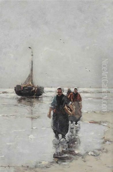 Fisherwomen Near A Bomschuit On The Beach Oil Painting by Gerhard Arij Ludwig Morgenstjerne Munthe