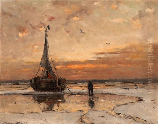 Anchored Barge At Dusk Oil Painting by Gerhard Arij Ludwig Morgenstjerne Munthe