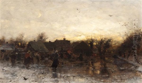 Winter Fun In The Village At Dusk Oil Painting by Gerhard Arij Ludwig Morgenstjerne Munthe