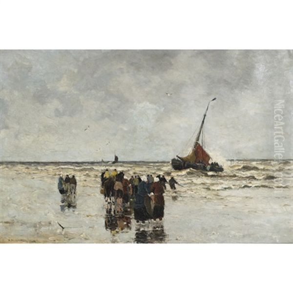 Fisherfolk On The Beach Hauling In The Day's Catch Oil Painting by Gerhard Arij Ludwig Morgenstjerne Munthe