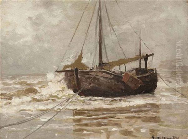 A Bomschuit On The Beach Oil Painting by Gerhard Arij Ludwig Morgenstjerne Munthe