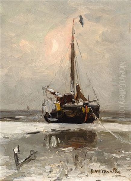 Barge On The Beach At Dusk Oil Painting by Gerhard Arij Ludwig Morgenstjerne Munthe