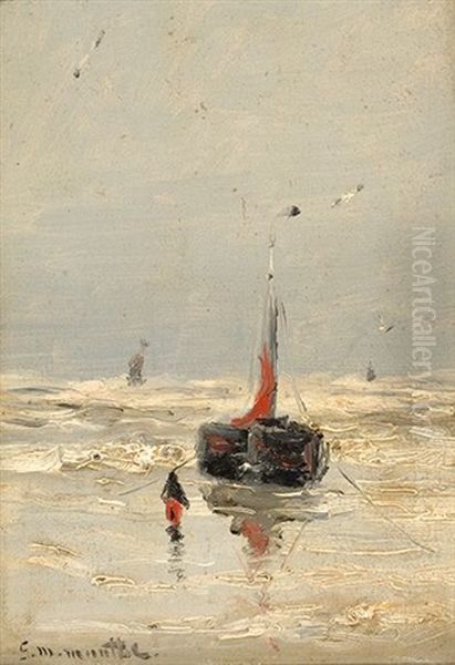 A Fisherman And A Flat-bottom Boat On The Beach Oil Painting by Gerhard Arij Ludwig Morgenstjerne Munthe