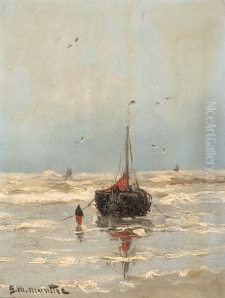 Fishermen And Boat On The Beach Oil Painting by Gerhard Arij Ludwig Morgenstjerne Munthe