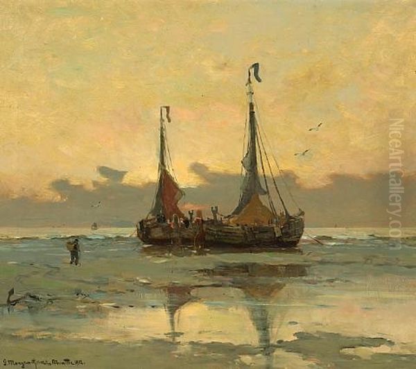 Fishing Boats At Low Tide Oil Painting by Gerhard Arij Ludwig Morgenstjerne Munthe