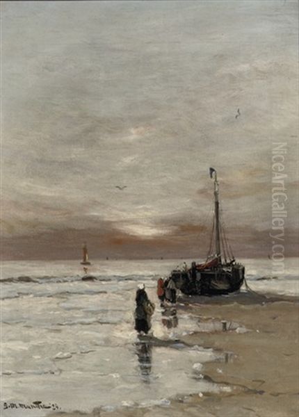 Fisher Women On The Beach At Sunset Oil Painting by Gerhard Arij Ludwig Morgenstjerne Munthe