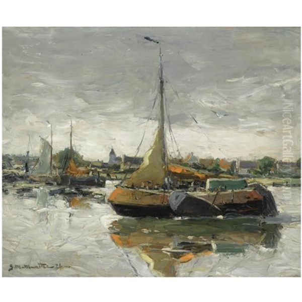 Fishing Boats In The Harbour Near Hengst, Belgium Oil Painting by Gerhard Arij Ludwig Morgenstjerne Munthe