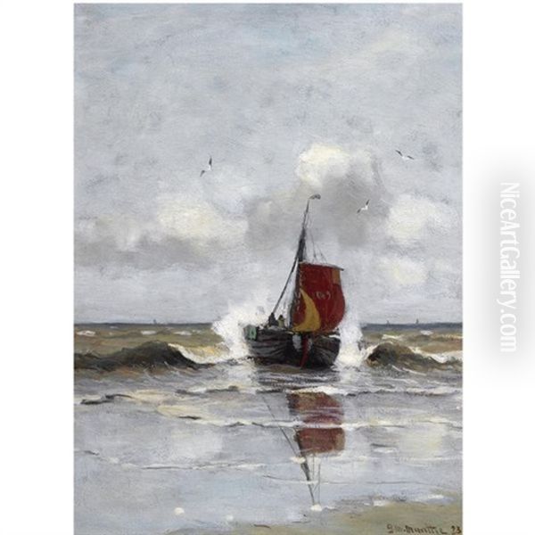 A Bomschuit In The Breakers, Katwijk Oil Painting by Gerhard Arij Ludwig Morgenstjerne Munthe