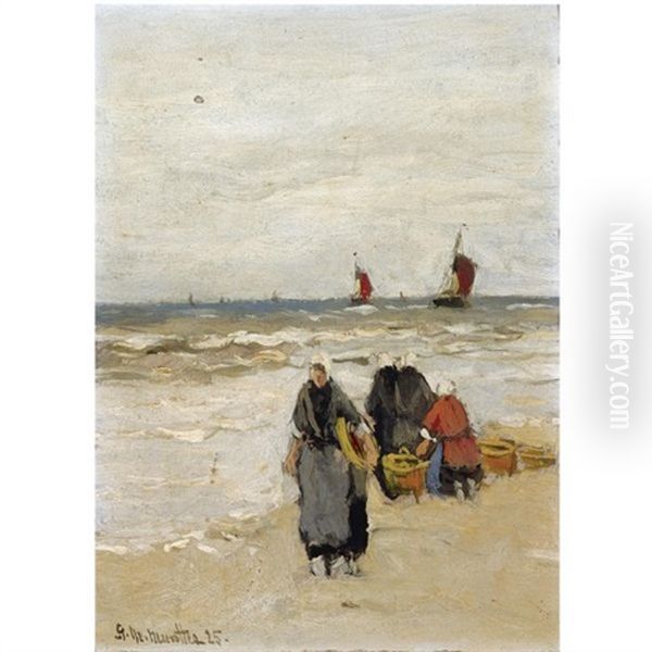 Fisherwomen On The Beach Oil Painting by Gerhard Arij Ludwig Morgenstjerne Munthe