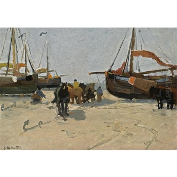 Fisher Folk And Bomschuiten On The Beach Oil Painting by Gerhard Arij Ludwig Morgenstjerne Munthe