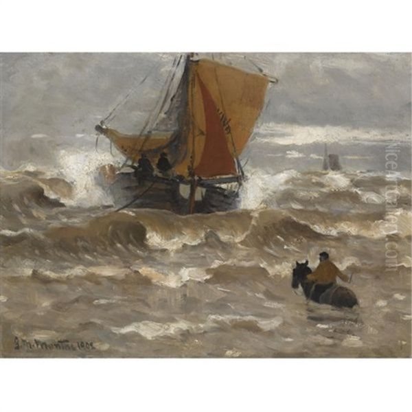 A Bomschuit In The Breakers Oil Painting by Gerhard Arij Ludwig Morgenstjerne Munthe