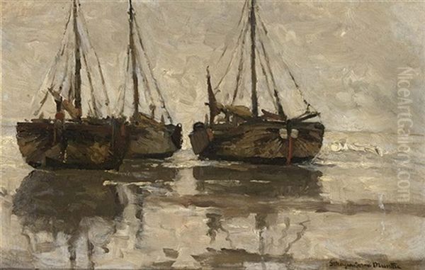 Beached Fishing Boats Oil Painting by Gerhard Arij Ludwig Morgenstjerne Munthe