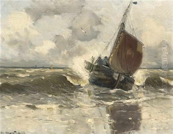 A Bomschuit In The Breakers, Katwijk Oil Painting by Gerhard Arij Ludwig Morgenstjerne Munthe