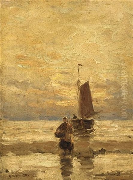 A Fisher Woman On The Beach At Sunset Oil Painting by Gerhard Arij Ludwig Morgenstjerne Munthe