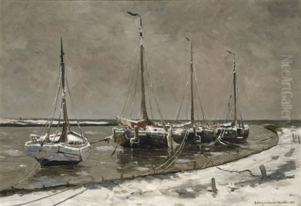 Snow Covered Boats In The Harbour Of Katwijk Oil Painting by Gerhard Arij Ludwig Morgenstjerne Munthe