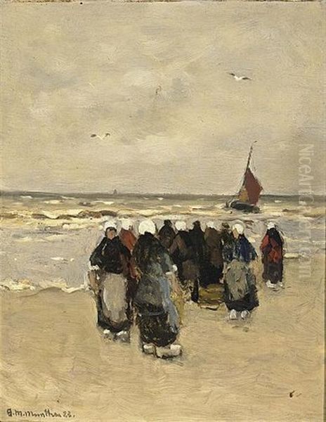 Fisherfolk On The Beach Oil Painting by Gerhard Arij Ludwig Morgenstjerne Munthe