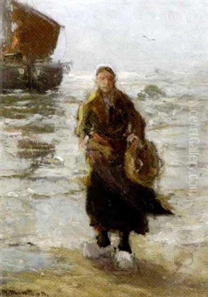 Fishing Girl On The Beach Oil Painting by Gerhard Arij Ludwig Morgenstjerne Munthe